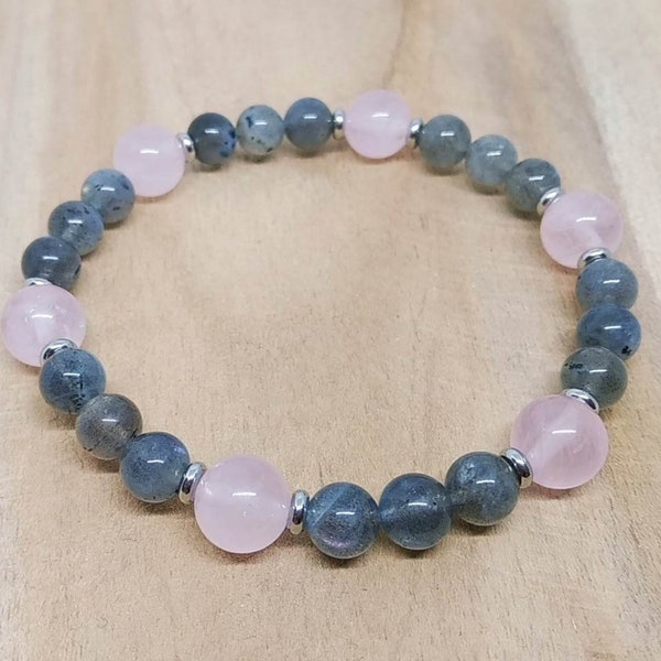 Bracelet de lithothérapie en labradorite et quartz rose.