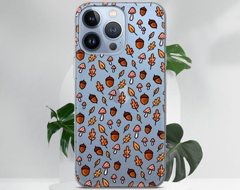 Cute Autumn Leaf Mushroom Pattern Phone Case for iPhone 14 Pro, 13, 12, 11, XR, XS, 8+, 7 & Samsung S21, S22, A13, A53, Huawei P20, P30 Lite