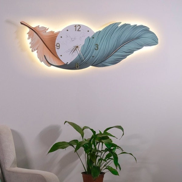 Feather Chinese Style Wall Clock, Unique clock, Modern Clock, Wall Decoration, Silent Clock, Neon Led Clock
