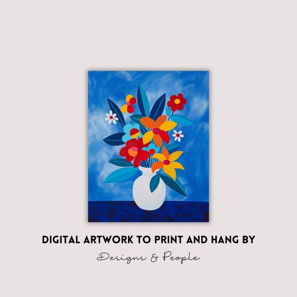 Eclectic Bold colorful wall art, Printable Matisse-inspired poster, Bold color flower vase digital art, interior design flower bouquet
