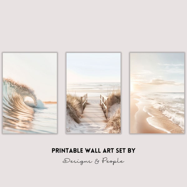Beachy Boho style print set, 3 pastel ocean wall art prints, Minimalist warm nature poster bundle, Coastal calm decor artwork, serene art
