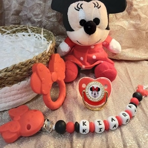 Minnie Personalisierter Babykorb Geburtsgeschenk Schnullerclip + Passendes Plüsch, Ring und Schnuller MAM Babygeschenk