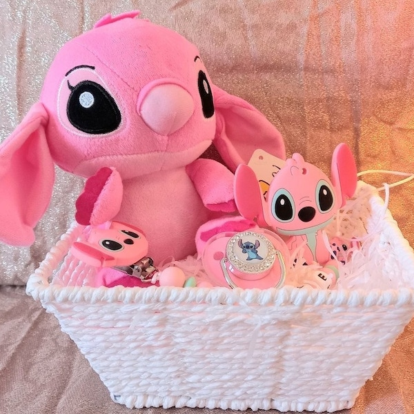 Stitch rose Panier cadeau  naissance  + Attache tétine Personnalisé Angel Stitch + Peluche + Tétine  + Angel** silicone assortis