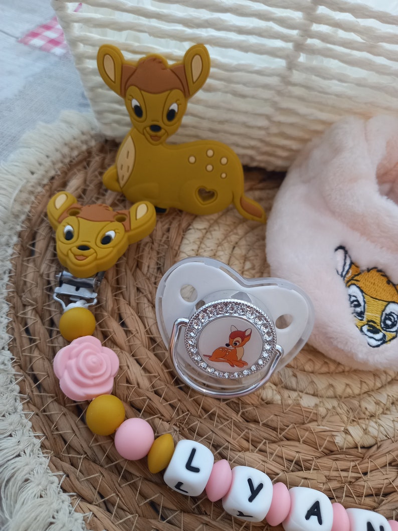 Bambi Birth gift basket Personalized Bambi girl pacifier clip Slippers Pacifier Matching ring image 4