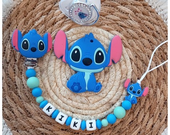 Attache tétine personnalisé  + Stitch** silicone et Tétine  assortis cadeau naissance