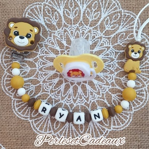 Personalized Lion Pacifier Clip and Matching Pacifier Baby Birth Gift Name