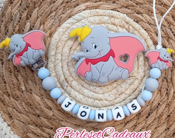 Personalisierter Schnulleraufsatz „Fliegender Elefant“ und passender Ring (Mama möglich) als Geschenk zur Geburt des Babys mit Vornamen