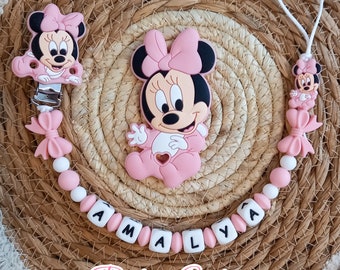 Gepersonaliseerde speenkoord voor baby's Minnie Mouse Gepersonaliseerde speenkoord en bijpassende siliconen muis** (Mam) babycadeau