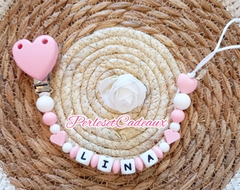 Heart Personalized pacifier clip Pink heart baby mam birth gift