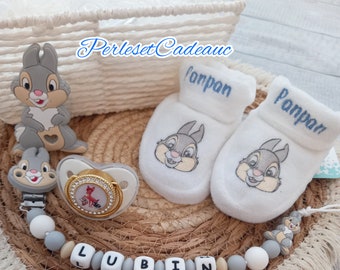 Pan Pan Rabbit Birth gift basket + Personalized Bambi pacifier clip + Slippers + Pacifier + Matching ring