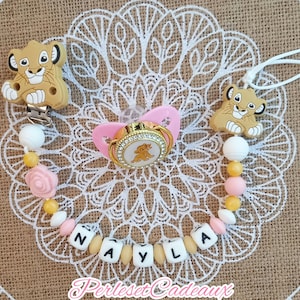 Personalized Lion Girl Pacifier Clip and Matching Pacifier Baby Gift Birth Name Boy or Girl