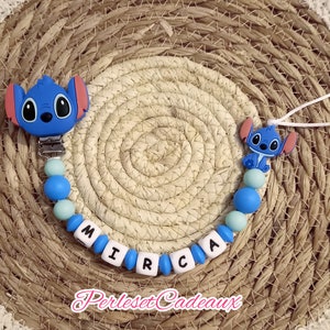 Pacifier clip Personalized Stitch blue baby birth gift. Mom.