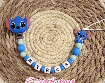 Pacifier clip Personalized Stitch blue baby birth gift. Mom.