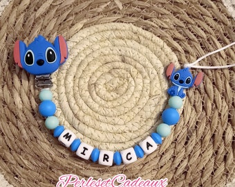 Attache tétine Personnalisé Stitch bleu cadeau bébé naissance. Mam.