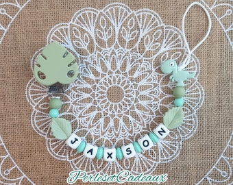 Dinosaur Personalized Pacifier Clip Green Leaves Silicone