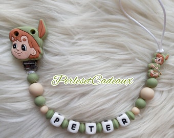 Attache Tétine  Sucette Peter Pan Personnalisé Silicone Cadeau Naissance Bébé  (mam ou non )