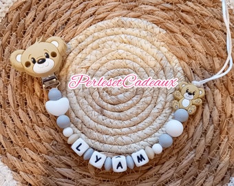 Personalisierter Schnullerclip Little Heart Teddybär Beige, Grau und Weiß