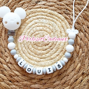 Personalized Mickey White and Gray Pacifier Clip. MAM Baby Birth Gift