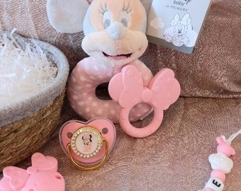 Minnie Birth Gift Basket + Personalized Minnie Pacifier Clip + Plush Rattle + Pacifier + Matching Ring