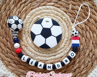 Personalisierter Fußball-Schnullerclip + passender Silikonring als Geschenk zur Geburt