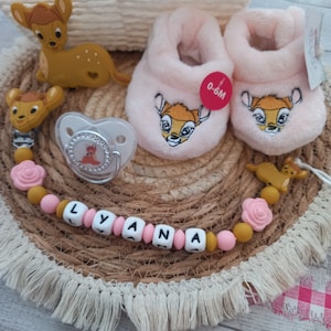 Bambi Birth gift basket Personalized Bambi girl pacifier clip Slippers Pacifier Matching ring image 2