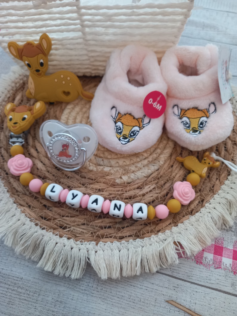 Bambi Birth gift basket Personalized Bambi girl pacifier clip Slippers Pacifier Matching ring image 2