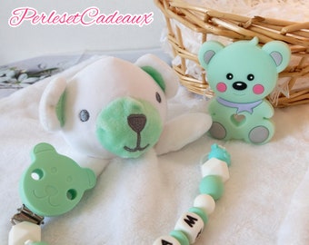 Bear Birth gift basket + Pacifier clip Personalized green and white teddy bear + Assorted cuddly toy + Teddy bear**. Baby birth gift