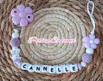 Attache Tétine Sucette Fleur Mauve Lilas silicone bois crochet Personnalisé Cadeau Naissance Bébé fille fleur  lapin MAM