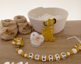 Lion Birth Gift Basket + Personalized Lion Pacifier Clip + Booties + Pacifier + Matching Ring