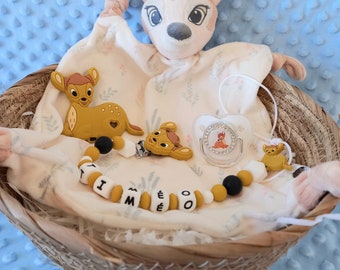 Bambi birth gift basket + Personalized Bambi girl or boy pacifier clip + Comforter + Pacifier + Matching ring