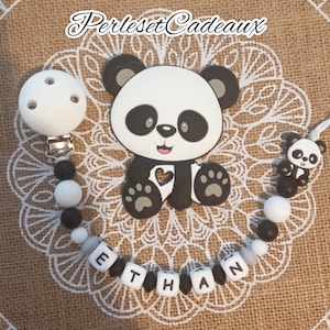 Panda Personalized Pacifier Clip + Matching Panda Silicone Ring Baby Birth Gift