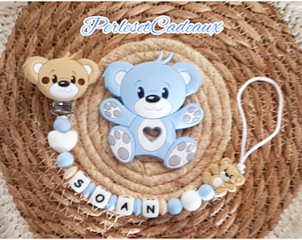 Personalized pacifier clip Bear Beige and blue + Bear** matching silicone baby birth gift