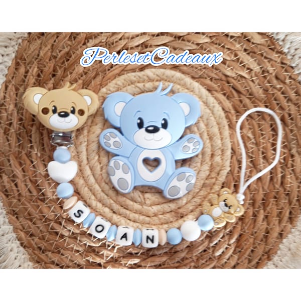 Personalized pacifier clip Bear Beige and blue + Bear** matching silicone baby birth gift