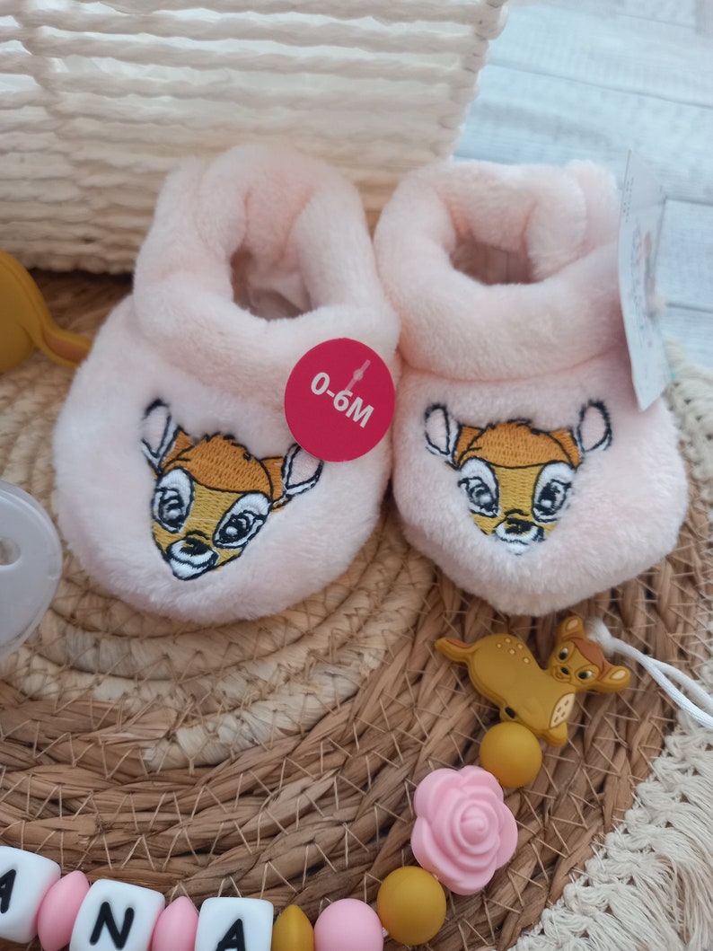 Bambi Birth gift basket Personalized Bambi girl pacifier clip Slippers Pacifier Matching ring image 3