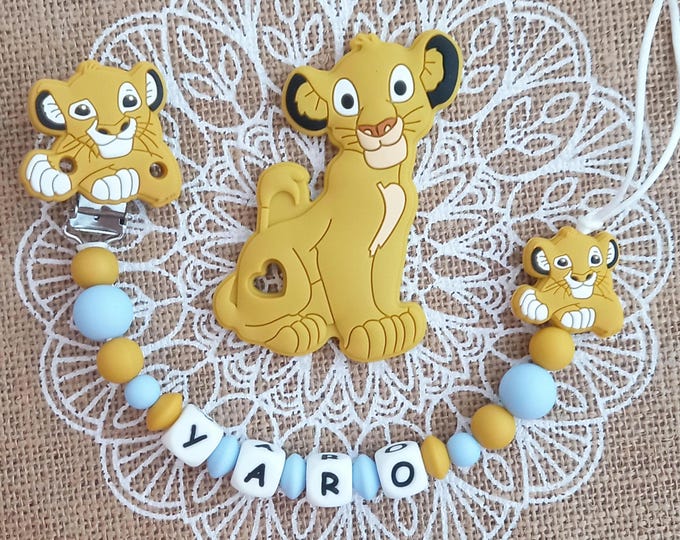 Featured listing image: Personalized Lion pacifier clip + matching Lion ring baby birth gift