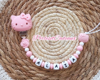 Schnullerclip Personalisiertes Geschenk zur Geburt eines Babys mit rosafarbener Katze