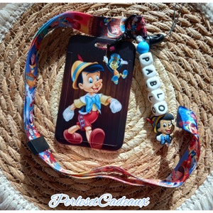 Porte Carte-Badge Pinocchio Personnalisé prénom Carte bus, cantine, Badge...