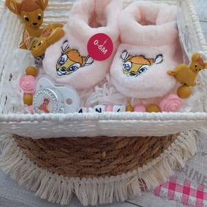 Bambi Birth gift basket Personalized Bambi girl pacifier clip Slippers Pacifier Matching ring image 8