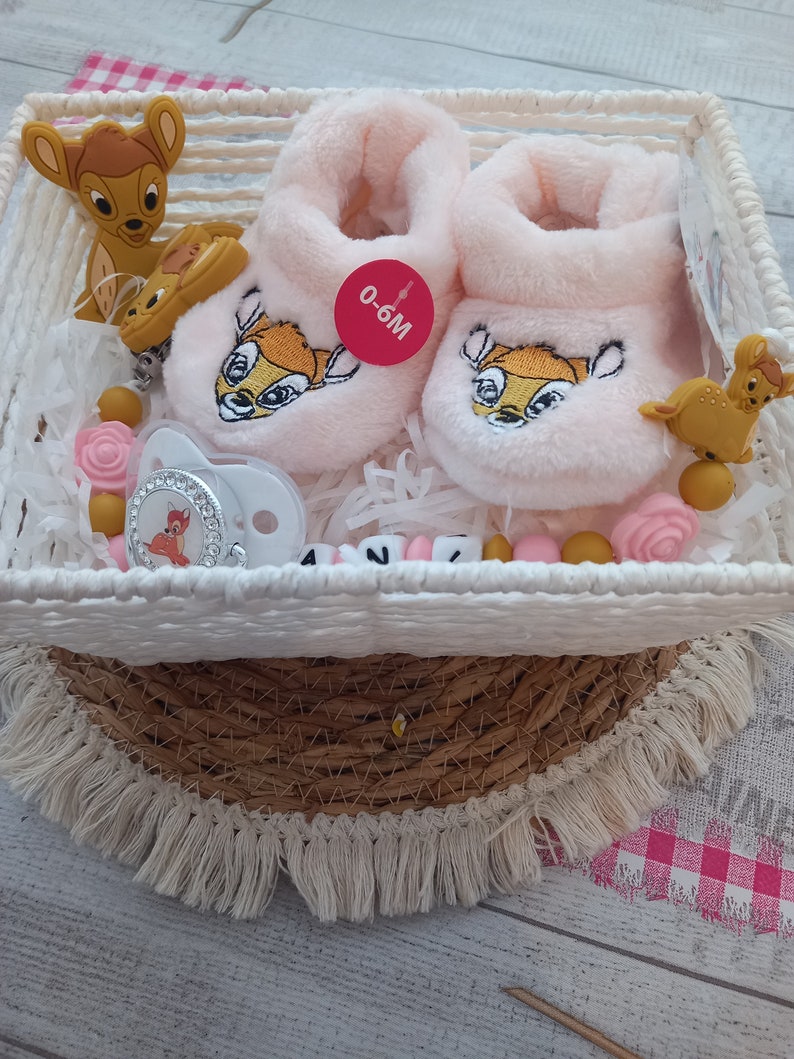 Bambi Birth gift basket Personalized Bambi girl pacifier clip Slippers Pacifier Matching ring image 8