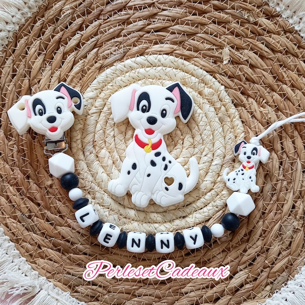 Personalisierter Dalmatiner-Schnullerclip + passender Dalmatiner-Hund aus Silikon** als Geschenk zur Geburt eines Babys. Mama