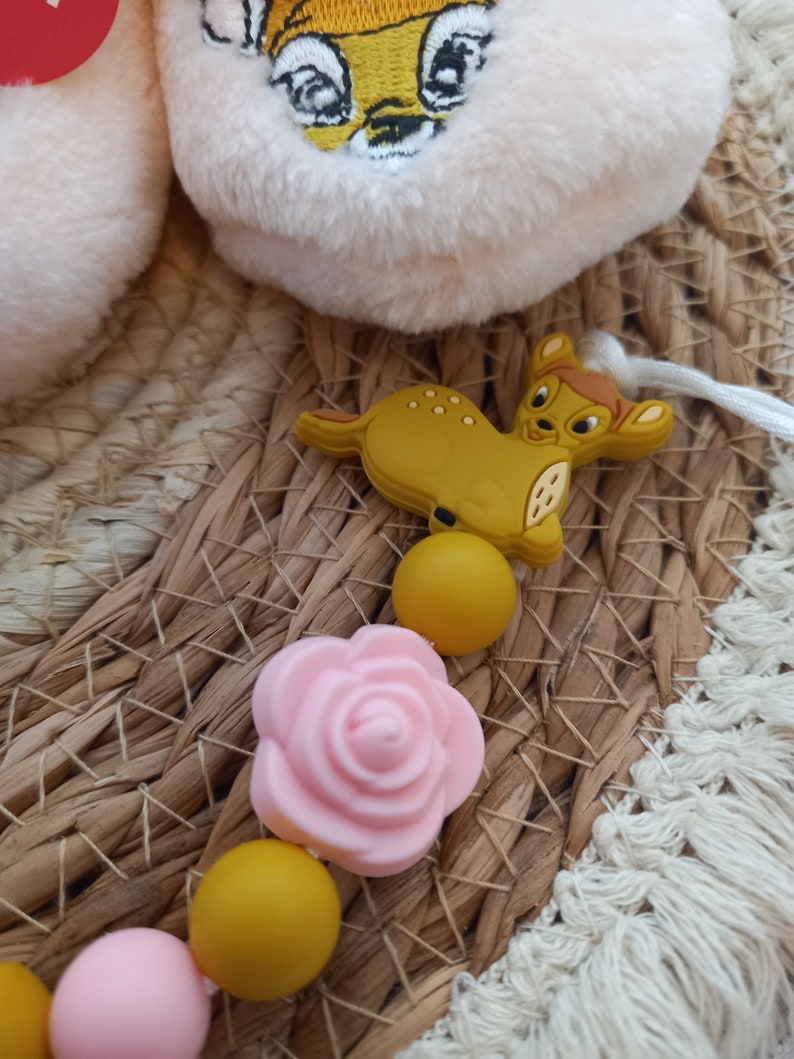 Bambi Birth gift basket Personalized Bambi girl pacifier clip Slippers Pacifier Matching ring image 6