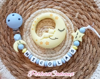 Attache tétine personnalisé  Lune et Étoile + Lune silicone assortie** cadeau naissance bébé