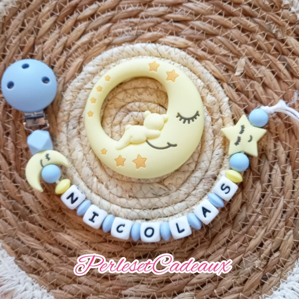 Personalisierter Mond- und Stern-Schnullerclip + passendes Mond-Baby-Geburtsgeschenk aus Silikon