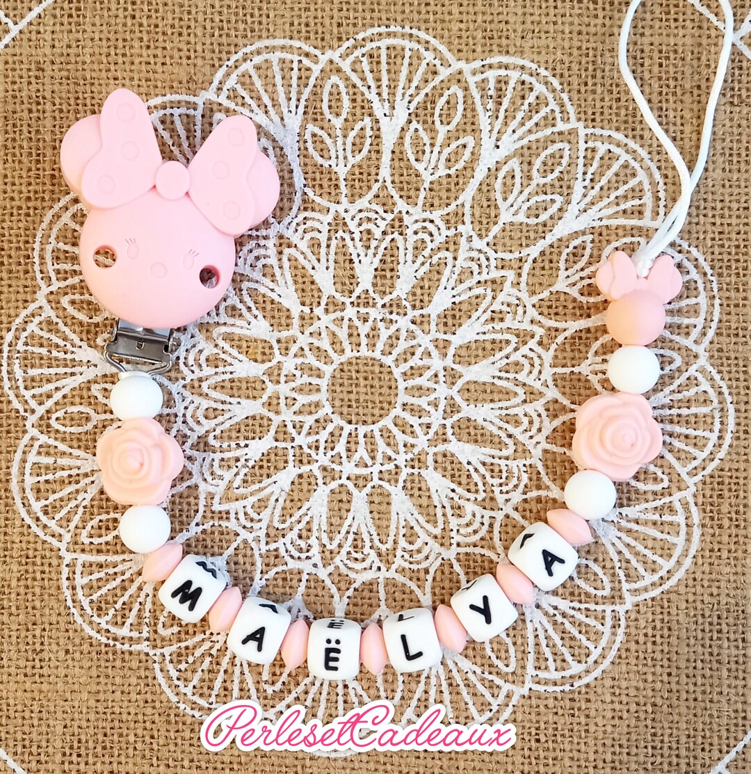 Accroche Tétine Minnie Rose - Perles Personnalisables - Longueur 21cm - Pour Tétines à Anneau