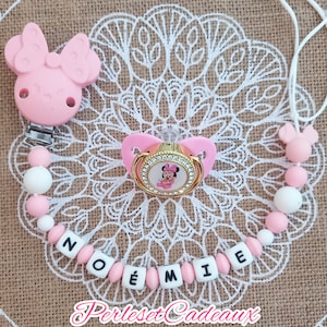 Personalized Pink Minnie Pacifier Clip and Matching Pacifier Baby Birth Gift Name