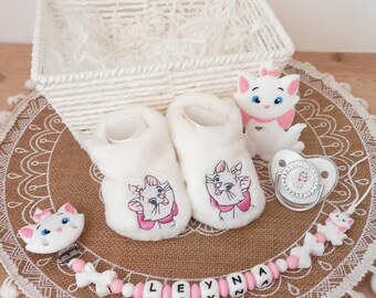 Marie Birth Gift Basket + Personalized Marie Pacifier Clip + Booties + Pacifier + Marie Silicone