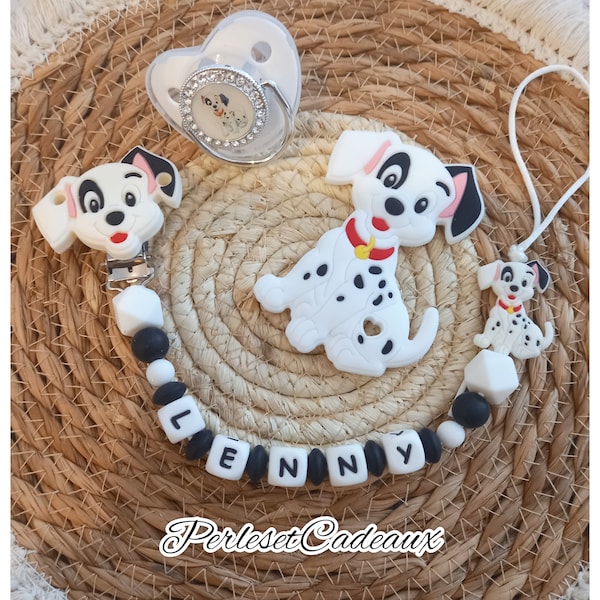 Attache tétine personnalisé chien dalmatien + Anneau  et Tétine  assortis chien  cadeau naissance