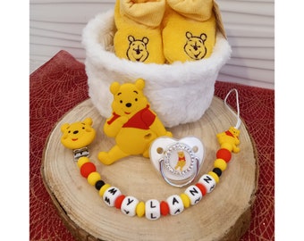 Winnie Birth gift basket + Pacifier clip Personalized winnie bear girl or boy + Slippers + Pacifier + Matching ring