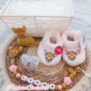 Bambi Birth gift basket Personalized Bambi girl pacifier clip Slippers Pacifier Matching ring image 1