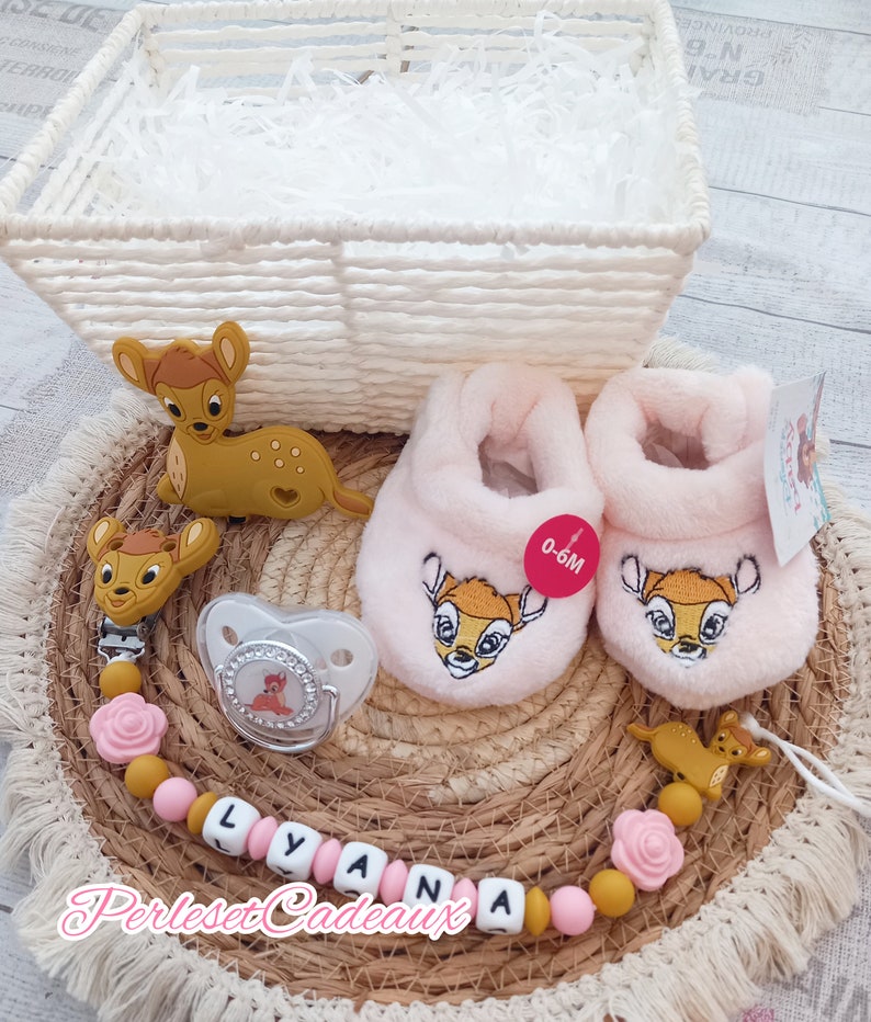 Bambi Birth gift basket Personalized Bambi girl pacifier clip Slippers Pacifier Matching ring image 1